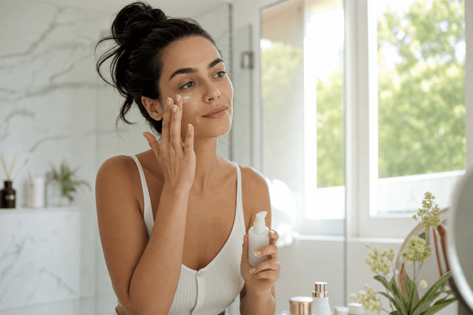 Femeie aplicând un produs de skincare într-o baie luminoasă, în timpul rutinei de vară