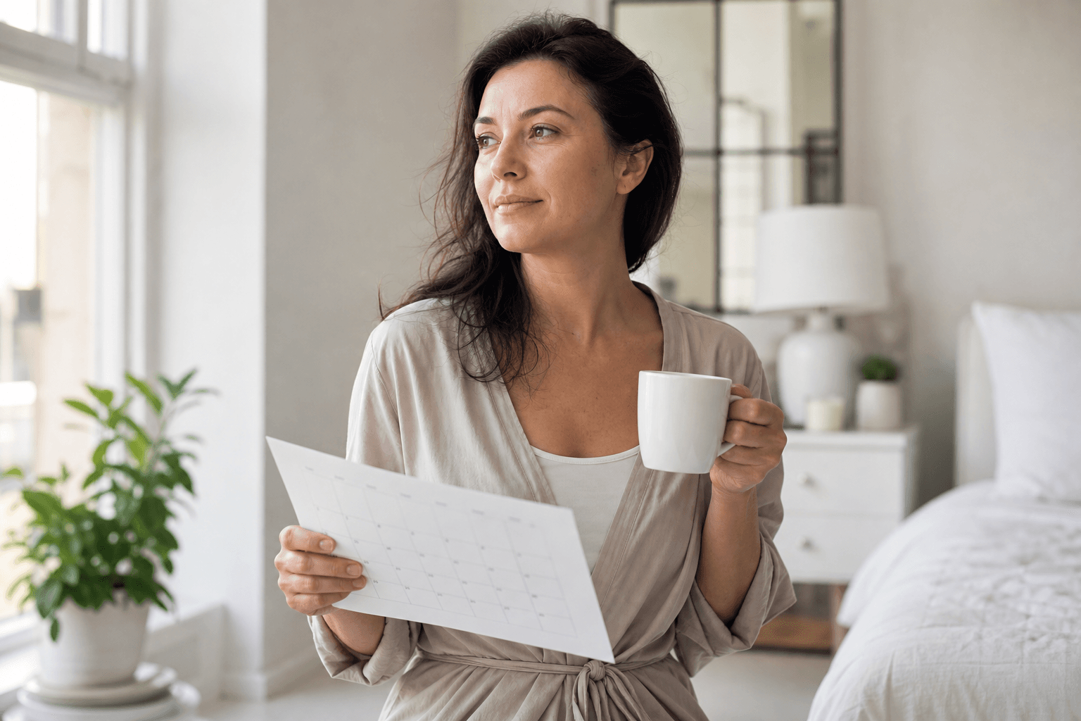 Femeie adultă ținând o cană și un calendar într-o cameră luminoasă, sugerând o etapă de tranziție hormonală