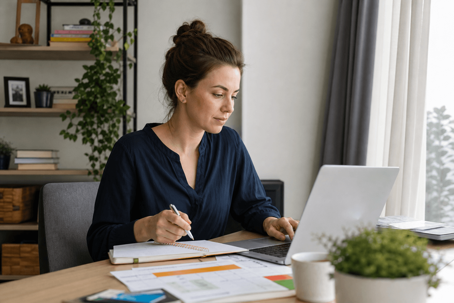O femeie lucrează la laptop la o masă luminoasă, cu agendă și calendar, într-un spațiu de home office organizat