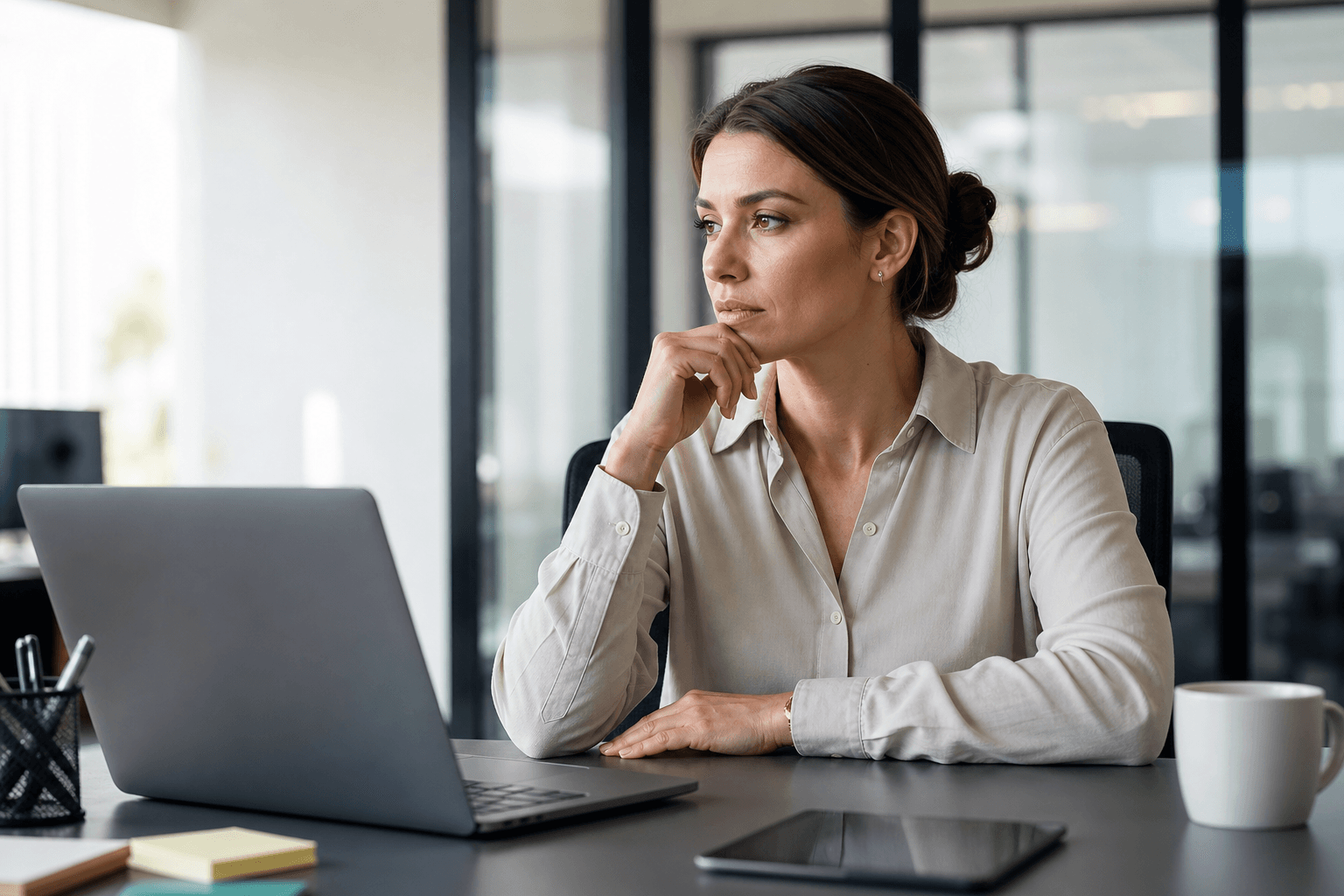 O femeie adultă într-un birou modern, privind gânditoare spre laptop, cu lumină naturală și un aer editorial realist