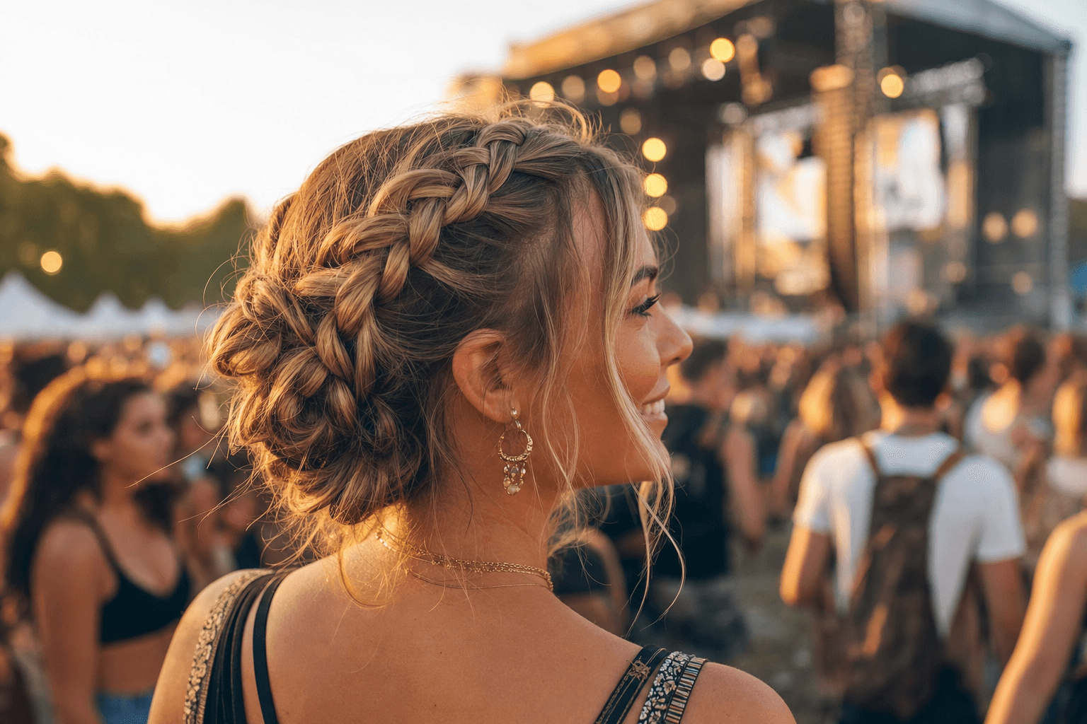 Femeie cu coafură împletită, inspirată de festival, în lumină caldă de seară