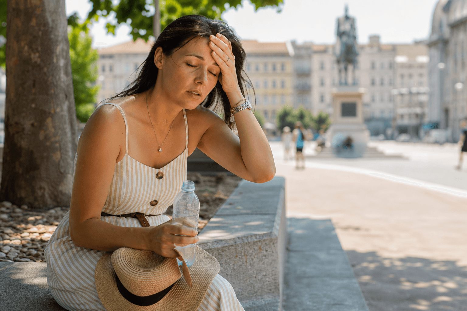 Femeie adultă vizibil obosită într-un parc, în plină vară, ținând o sticlă cu apă și căutând umbră
