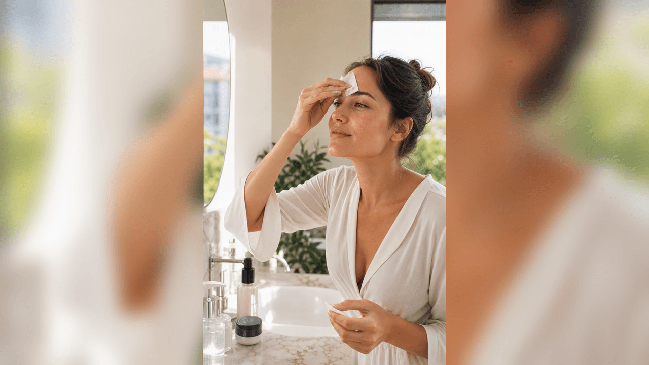 O femeie adultă într-o baie luminoasă de vară, tamponând luciul de pe frunte cu hârtie absorbantă alături de produse de skincare ușoare