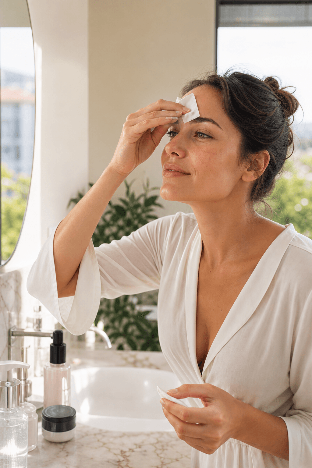 O femeie adultă într-o baie luminoasă de vară, tamponând luciul de pe frunte cu hârtie absorbantă alături de produse de skincare ușoare