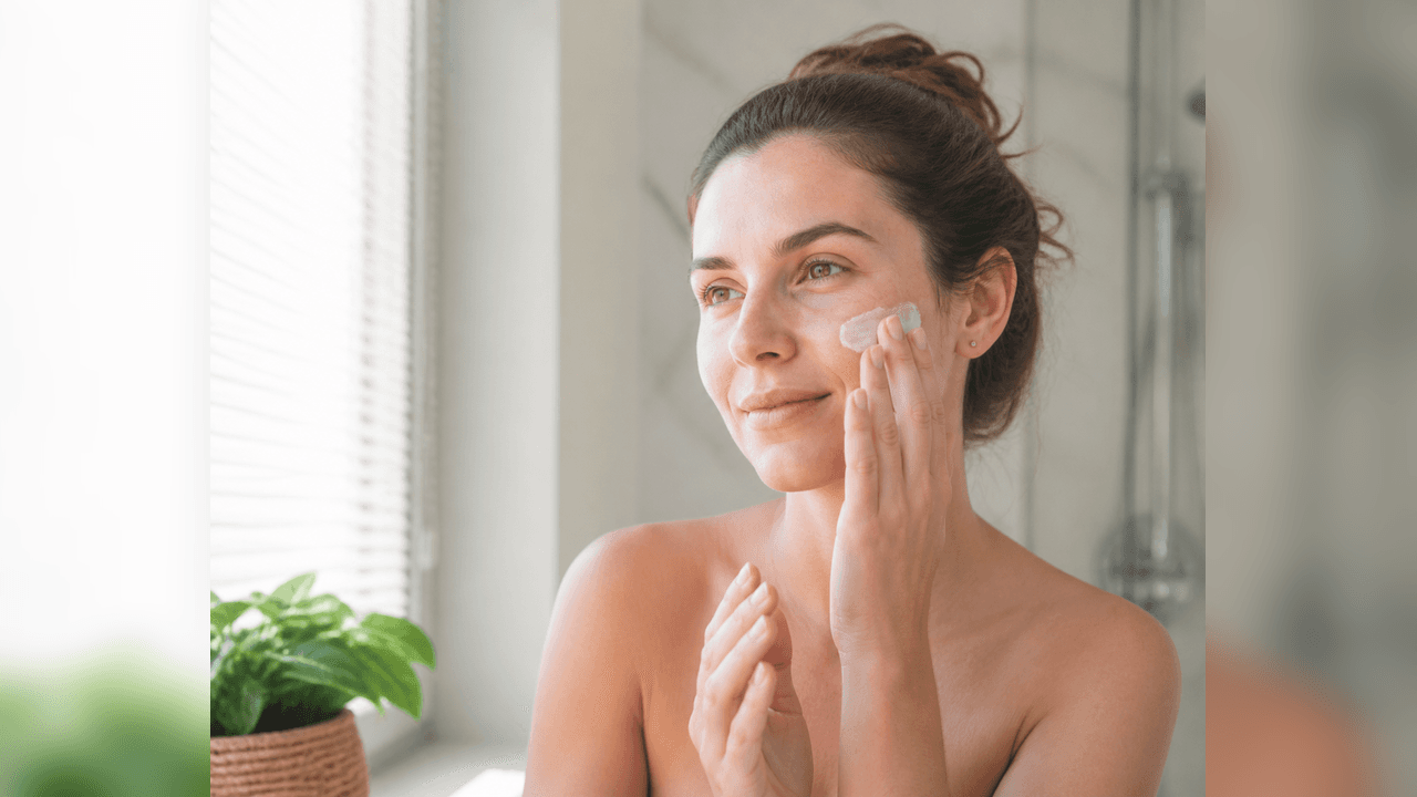 Femeie adultă aplicând o cremă cu SPF lejeră pe față, într-o baie luminoasă, într-o zi caldă de vară