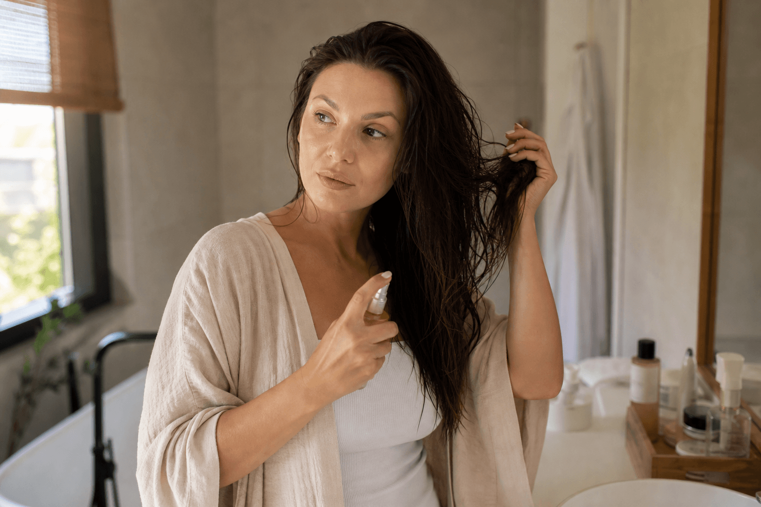 Femeie adultă aplicând un leave-in lejer pe păr într-o baie luminoasă după vacanță