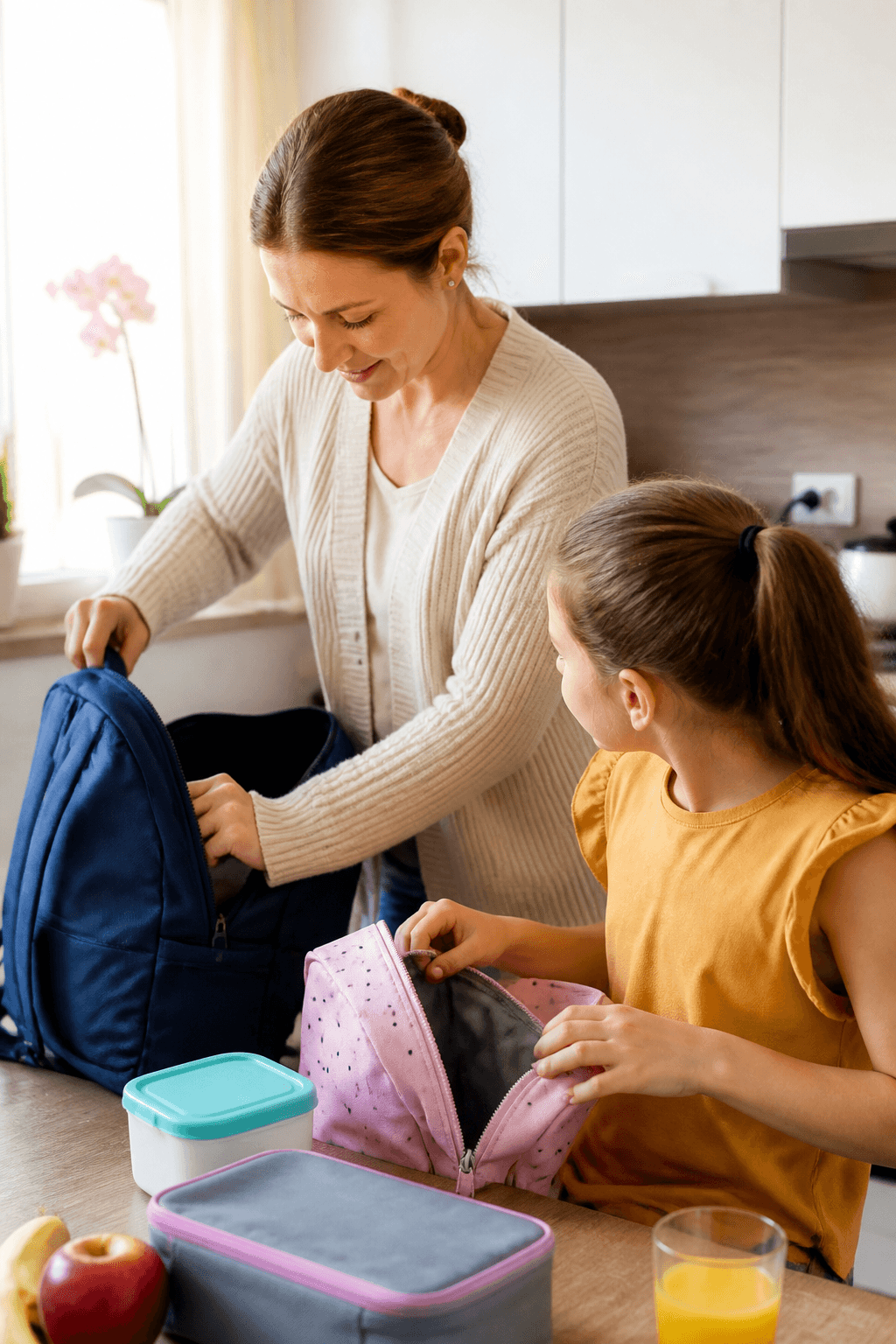 O mamă și copilul ei se pregătesc liniștit dimineața pentru școală într-o bucătărie luminoasă