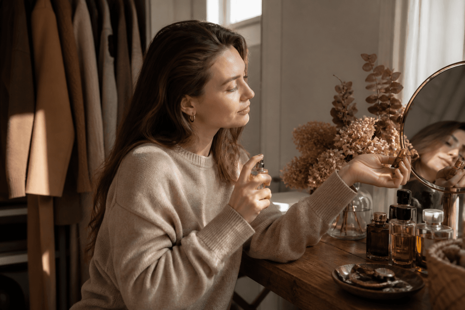 Femeie adultă testând un parfum cald de toamnă la o măsuță de toaletă, într-un decor editorial realist