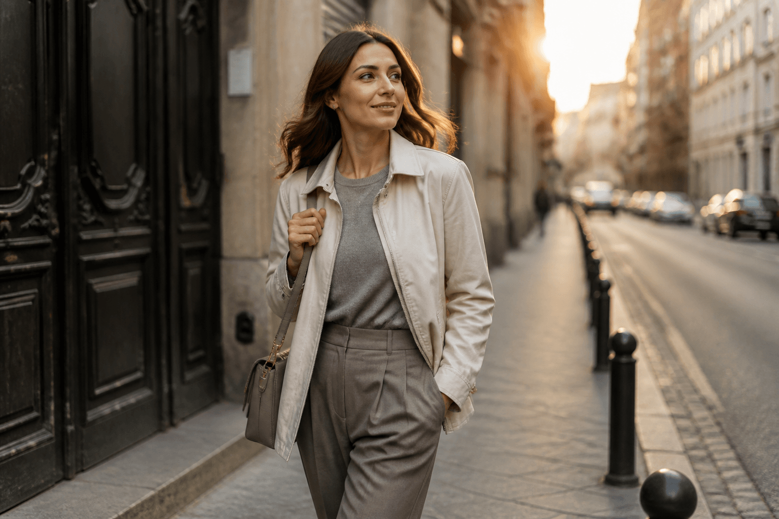 Femeie elegantă purtând o geacă ușoară de toamnă pe o stradă urbană la apus