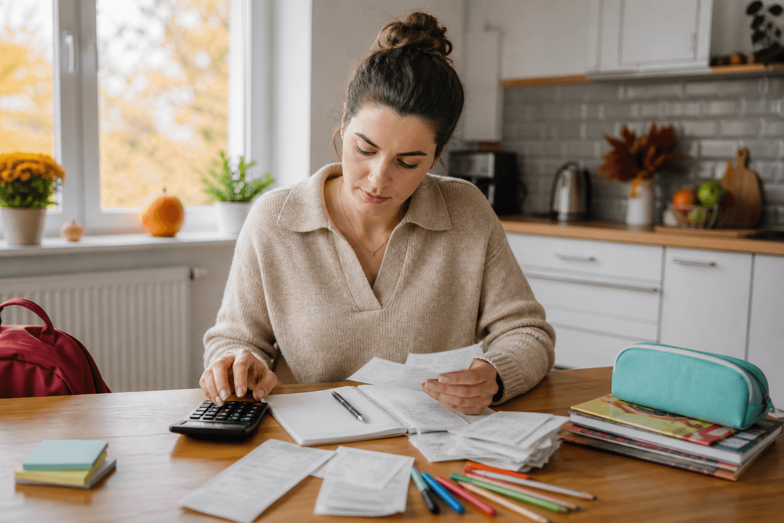 O femeie adultă își organizează bugetul de familie la masa din bucătărie, cu calculator, chitanțe și rechizite pentru școală