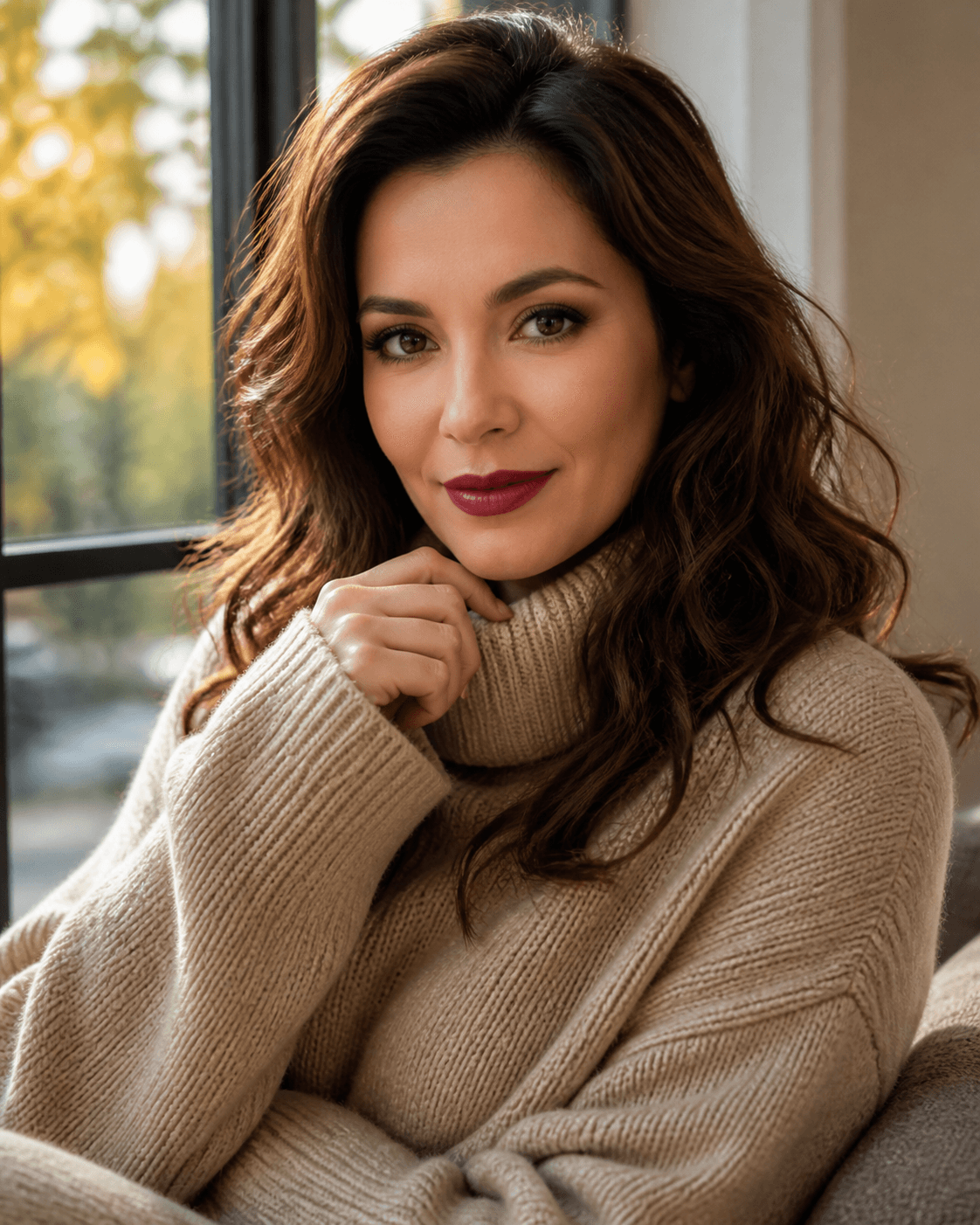 O femeie adultă cu machiaj de toamnă elegant, buze berry și lumină caldă de fereastră într-un decor minimalist