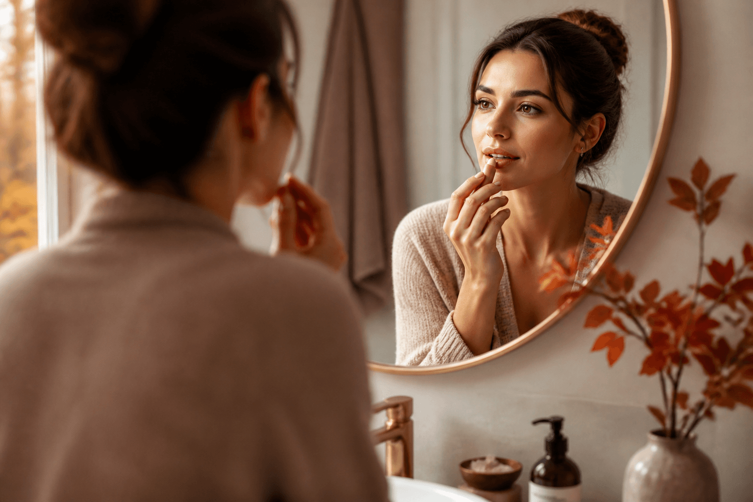 O femeie adultă aplică balsam de buze într-o baie luminoasă, cu detalii calde de toamnă și atmosferă elegantă