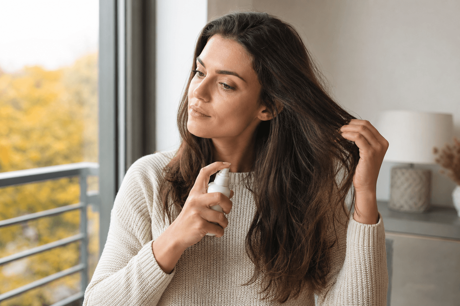 Femeie adultă care aplică un tratament lejer pentru păr într-o cameră luminoasă, cu atmosferă de început de toamnă