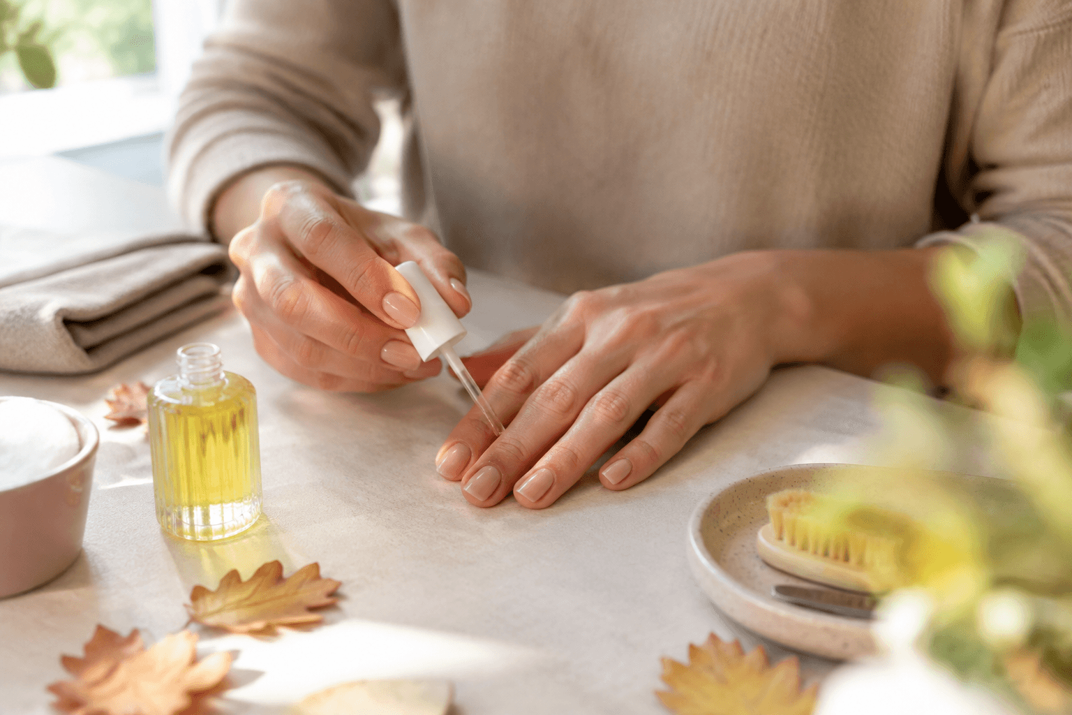 Prim-plan cu o femeie care aplică ulei de cuticule la o manichiură naturală, într-o lumină caldă de toamnă