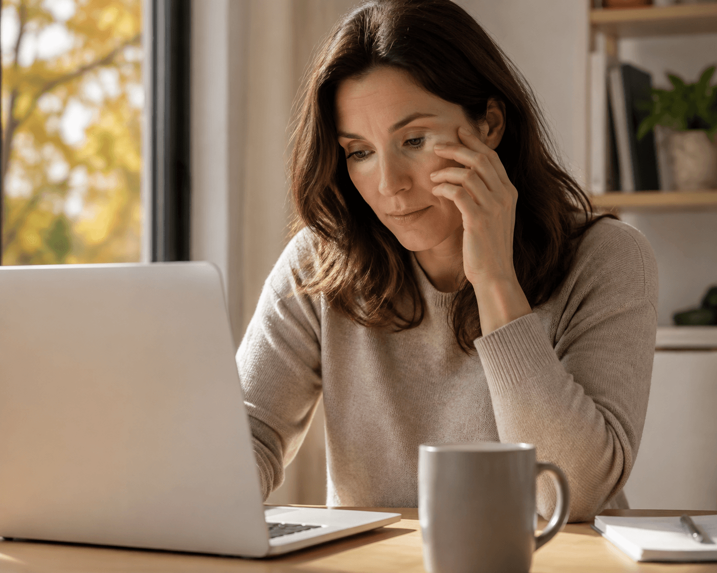 Femeie adultă la laptop într-o cameră cald luminată, cu mâna sprijinită ușor lângă ochi