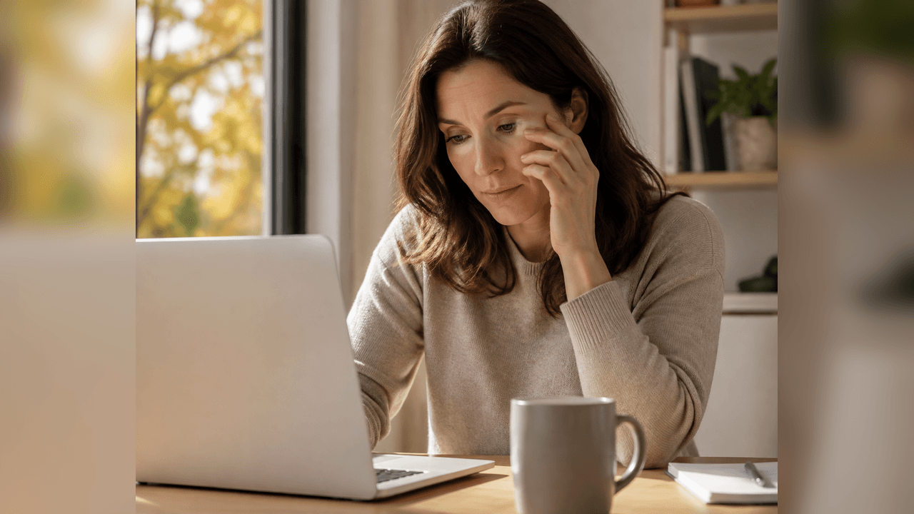 Femeie adultă la laptop într-o cameră cald luminată, cu mâna sprijinită ușor lângă ochi