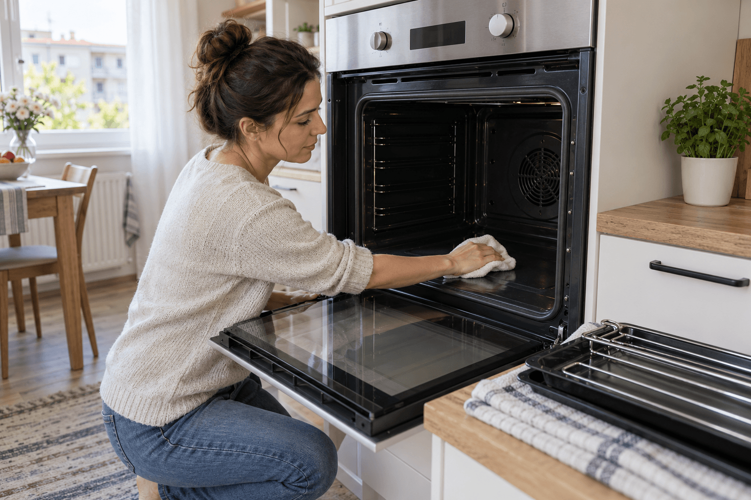 Femeie care curăță cu o lavetă moale interiorul unui cuptor electric rece
