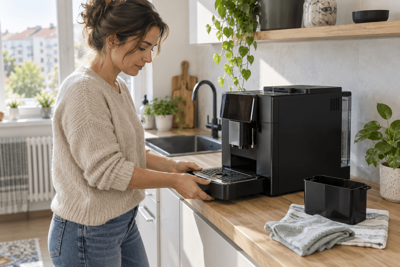 Femeie care scoate tava de scurgere a unui espressor automat pentru curățare