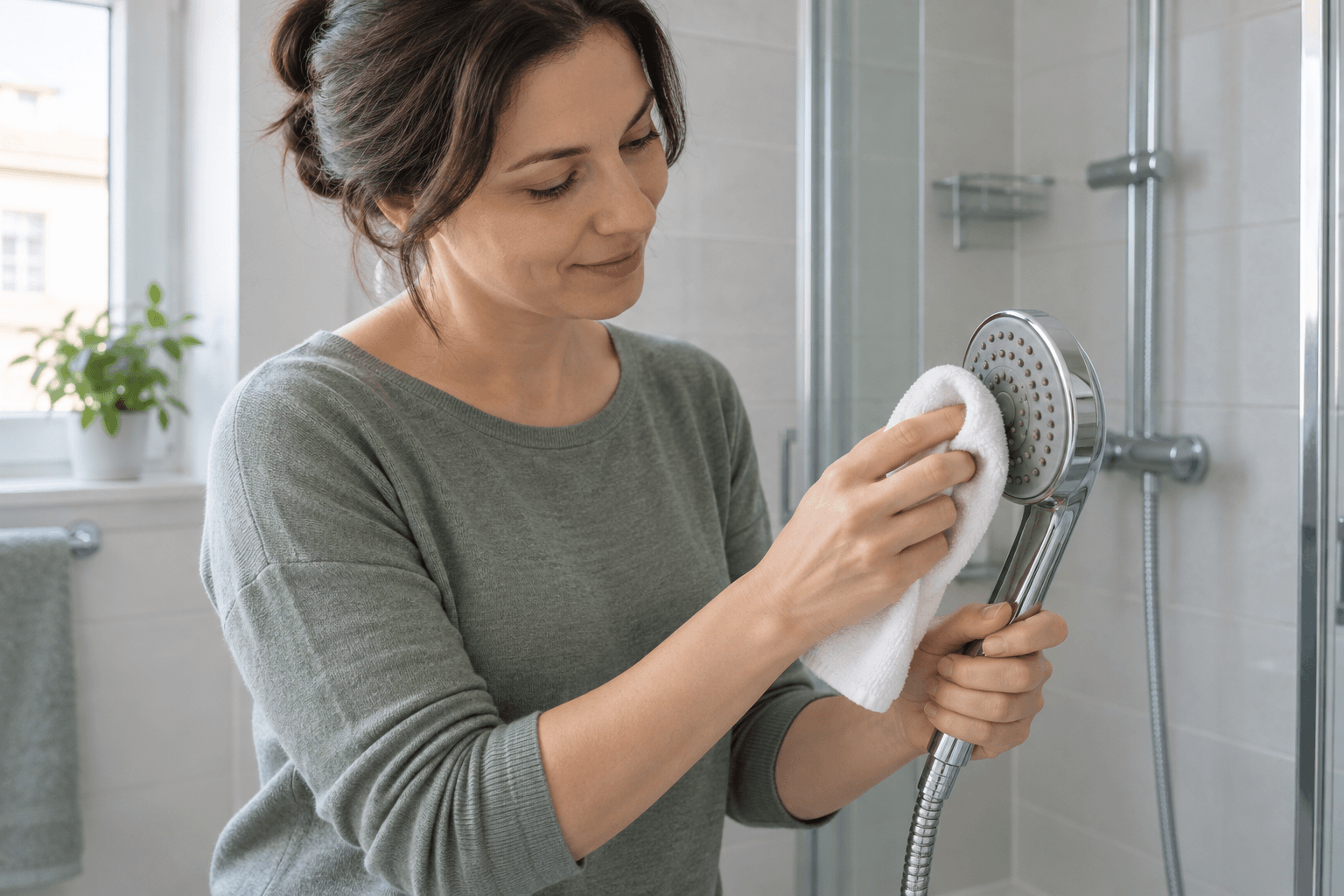 Femeie care curăță delicat capul de duș cu o lavetă moale, într-o baie luminoasă