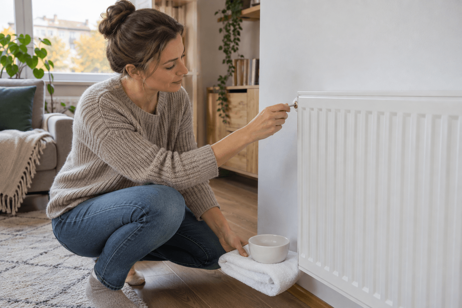 Femeie care ține o cheie de aerisire lângă un radiator alb, cu un prosop pe podea