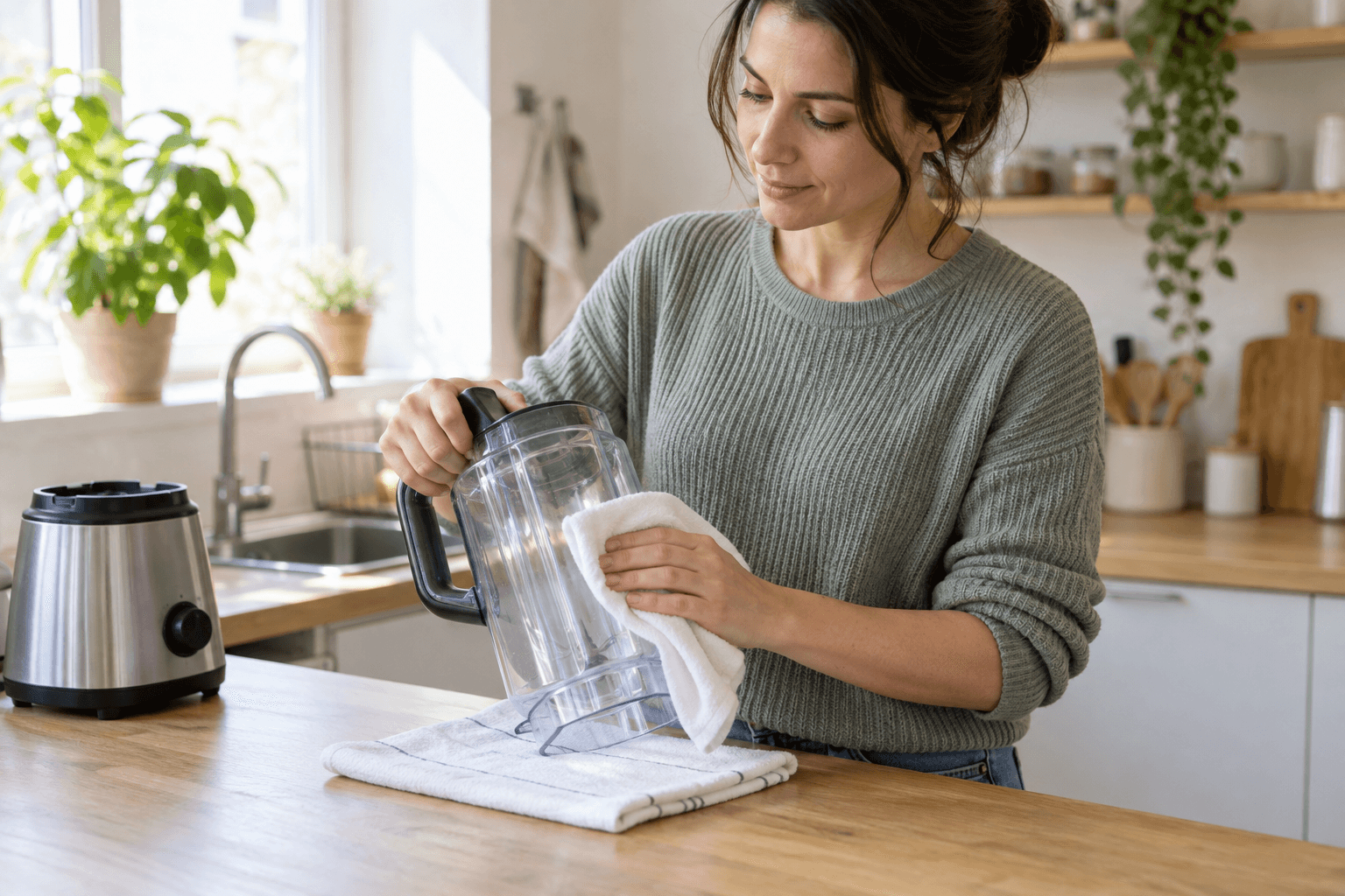 Femeie care usucă un vas de blender cu o lavetă, lângă baza aparatului scoasă din priză