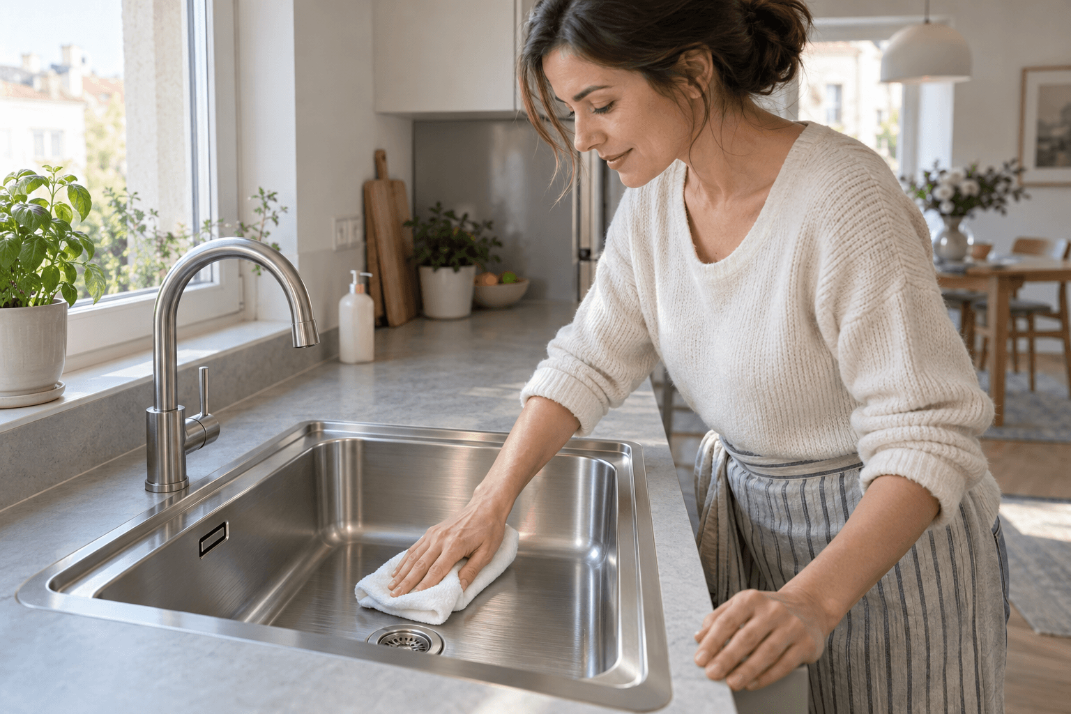 Femeie care șterge cu o lavetă din microfibră o chiuvetă din inox, într-o bucătărie luminoasă