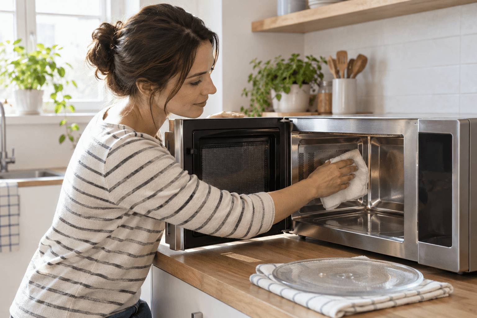 Femeie care șterge cu o lavetă moale interiorul rece al unui cuptor cu microunde