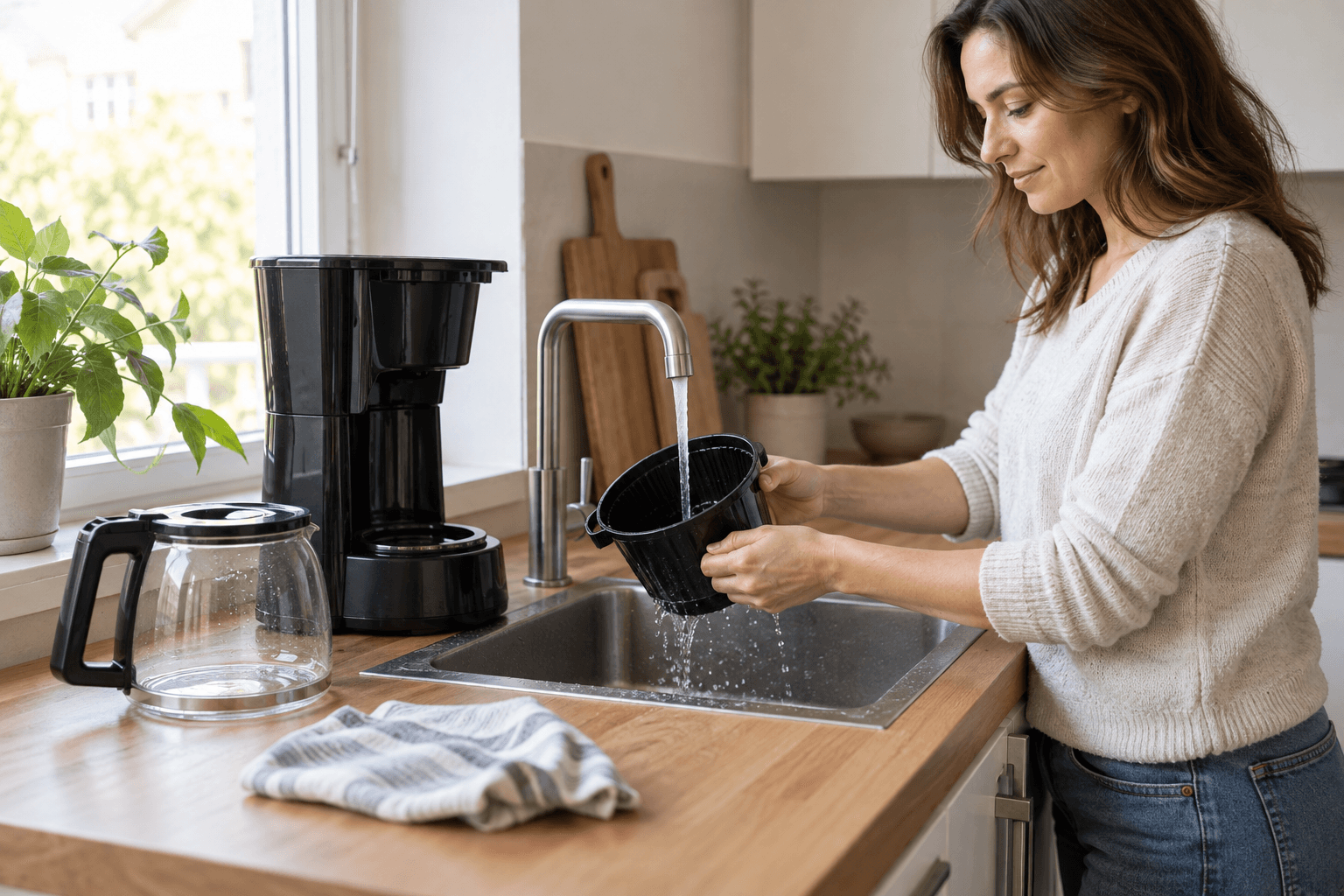 Femeie care spală suportul de filtru al unei cafetiere cu cană de sticlă, într-o bucătărie luminoasă