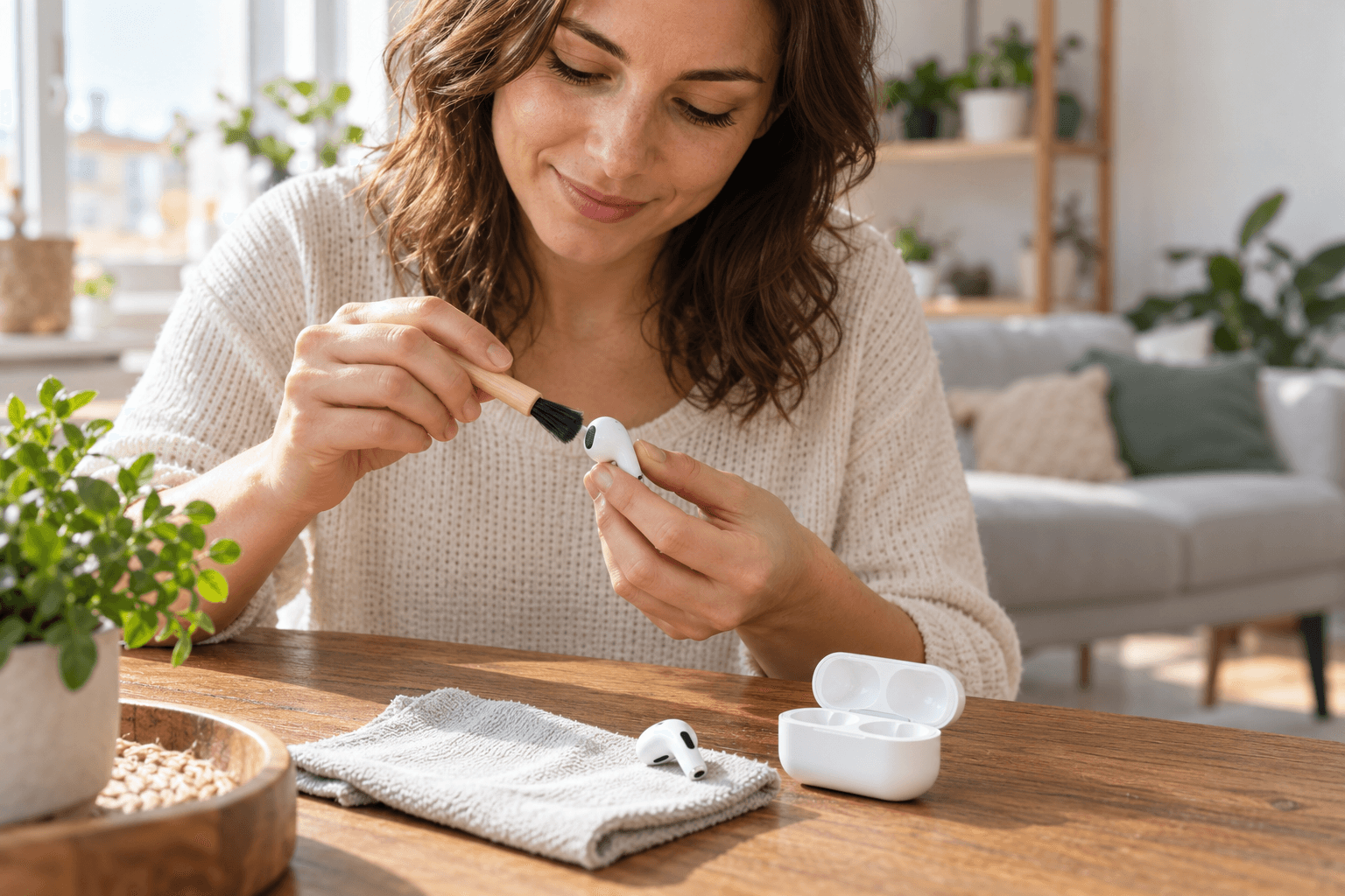 Femeie care curăță cu grijă o pereche de căști wireless și carcasa lor, pe o masă luminoasă
