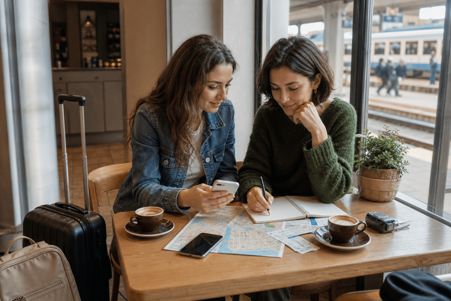 Două prietene planifică o escapadă de weekend cu bilete, cafea și bagaje ușoare