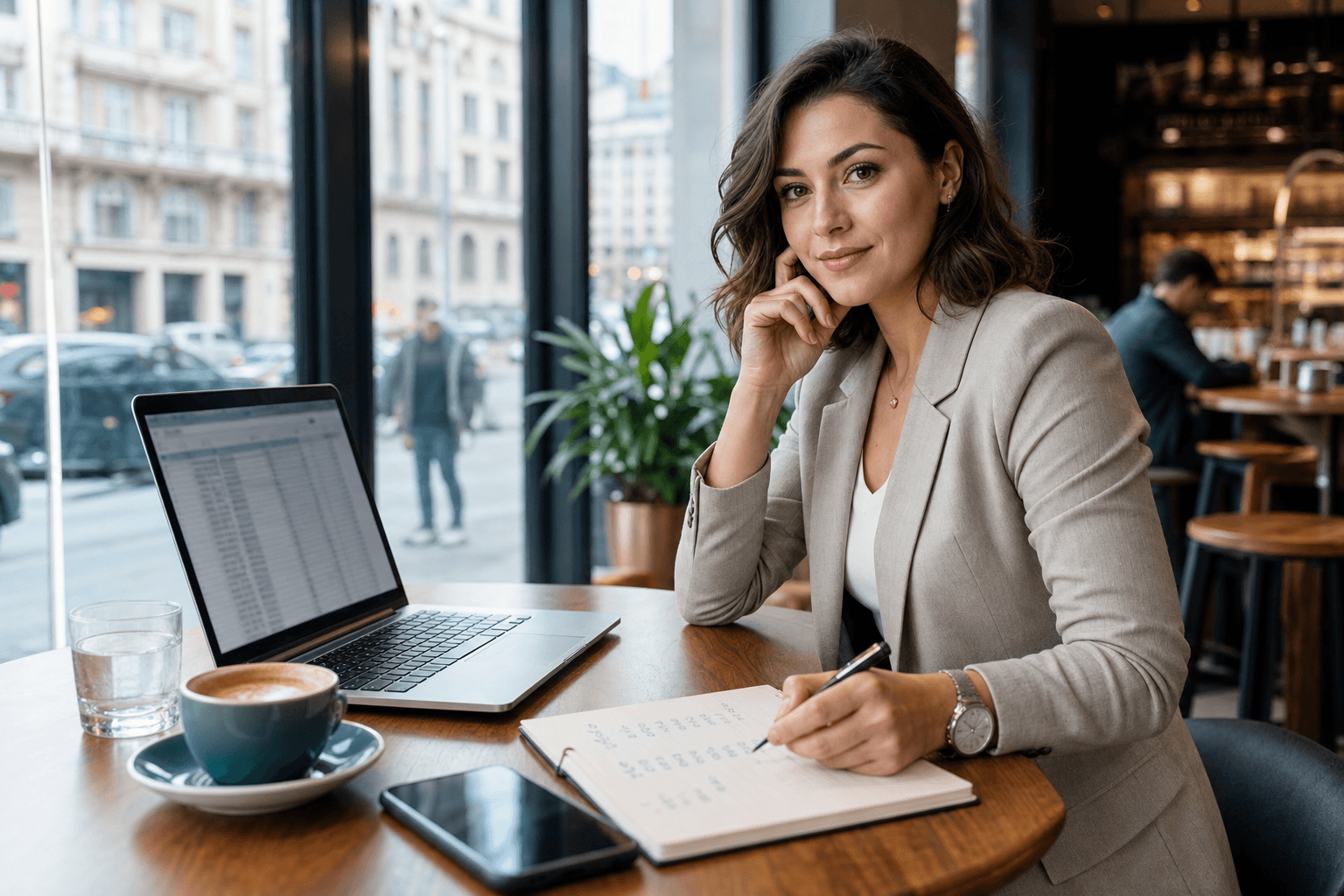 Femeie pregătită pentru o negociere salarială, cu laptop și notițe la o cafenea