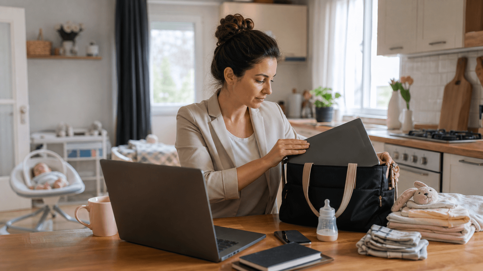 O femeie își pregătește laptopul și agenda în timp ce ține în brațe geanta pentru serviciu, într-o dimineață luminoasă de acasă