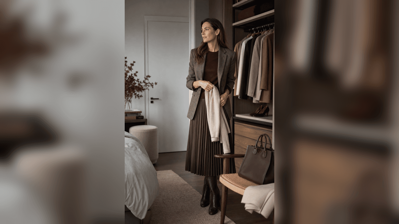 Femeie într-o garderobă elegantă de toamnă, cu piese capsulă neutre și texturi calde