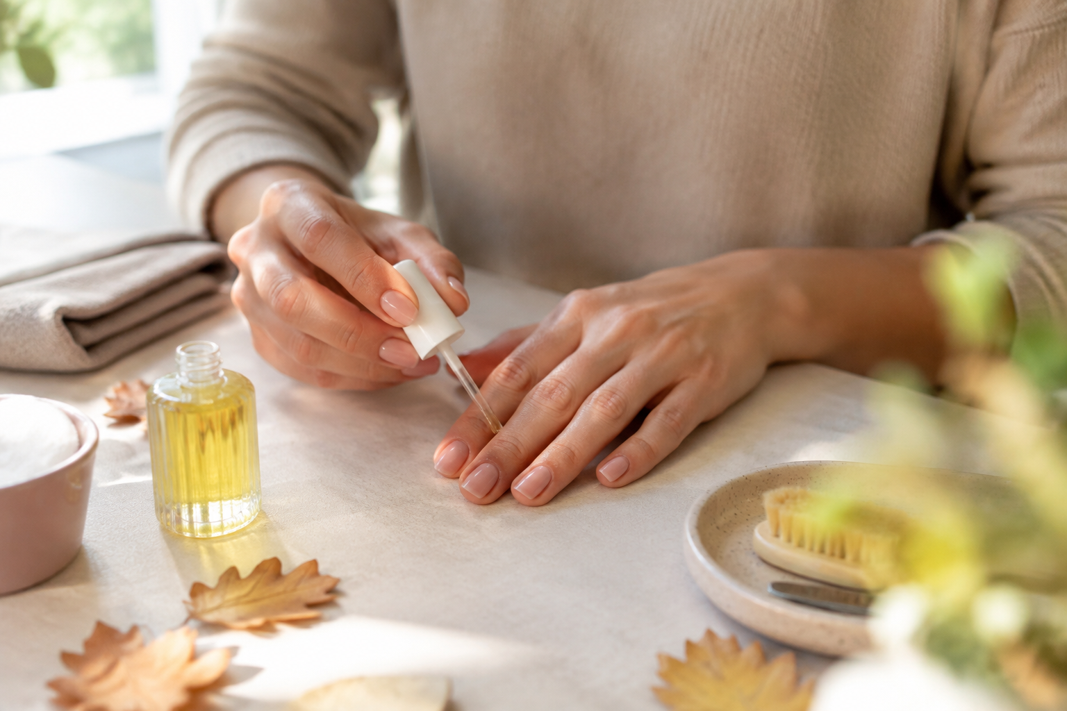 Prim-plan cu o femeie care aplică ulei de cuticule la o manichiură naturală, într-o lumină caldă de toamnă