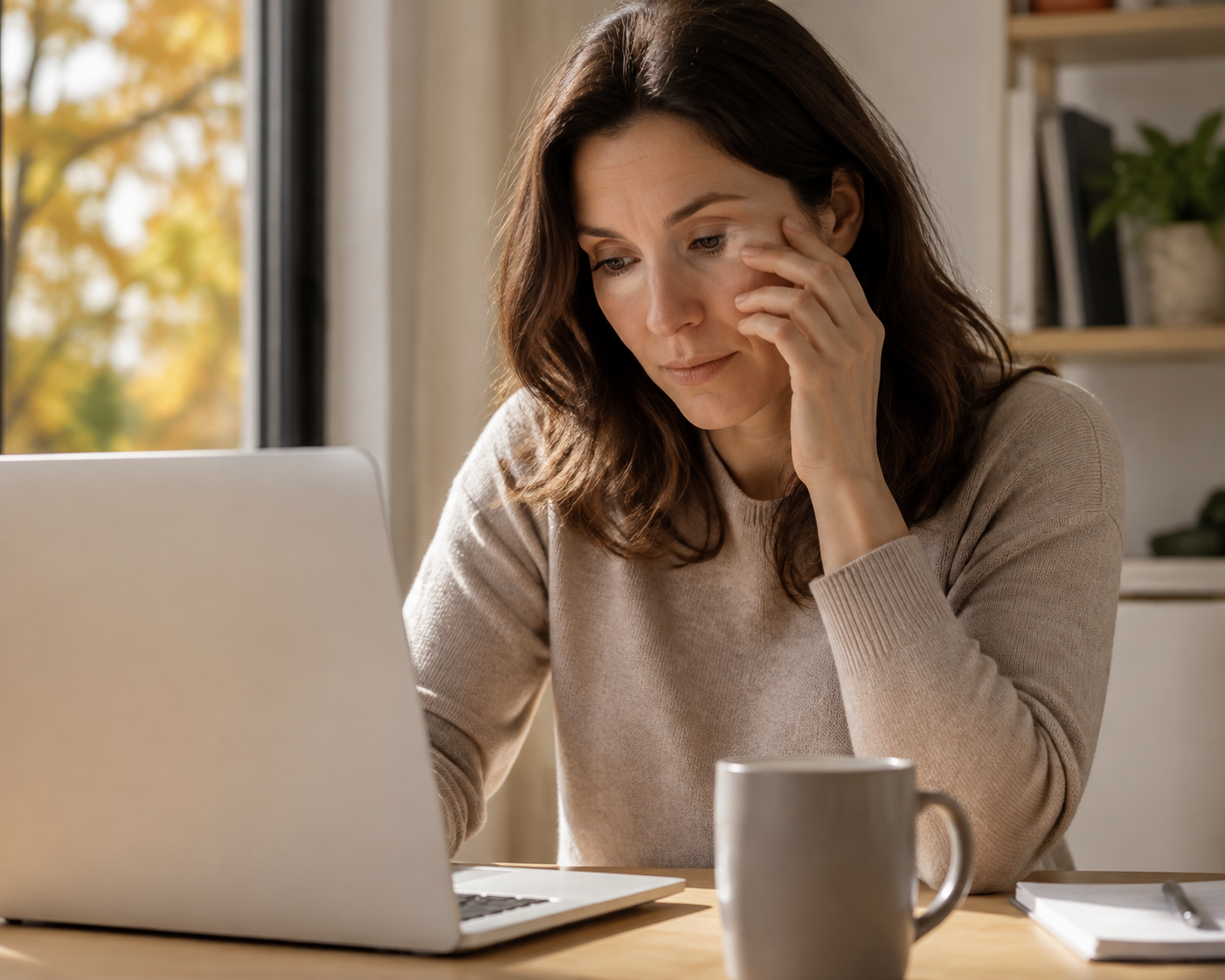 Femeie adultă la laptop într-o cameră cald luminată, cu mâna sprijinită ușor lângă ochi