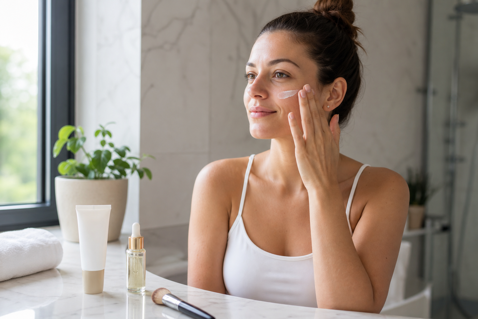 Femeie care aplică o cremă cu SPF lejeră pe față, la lumină naturală, într-o baie modernă